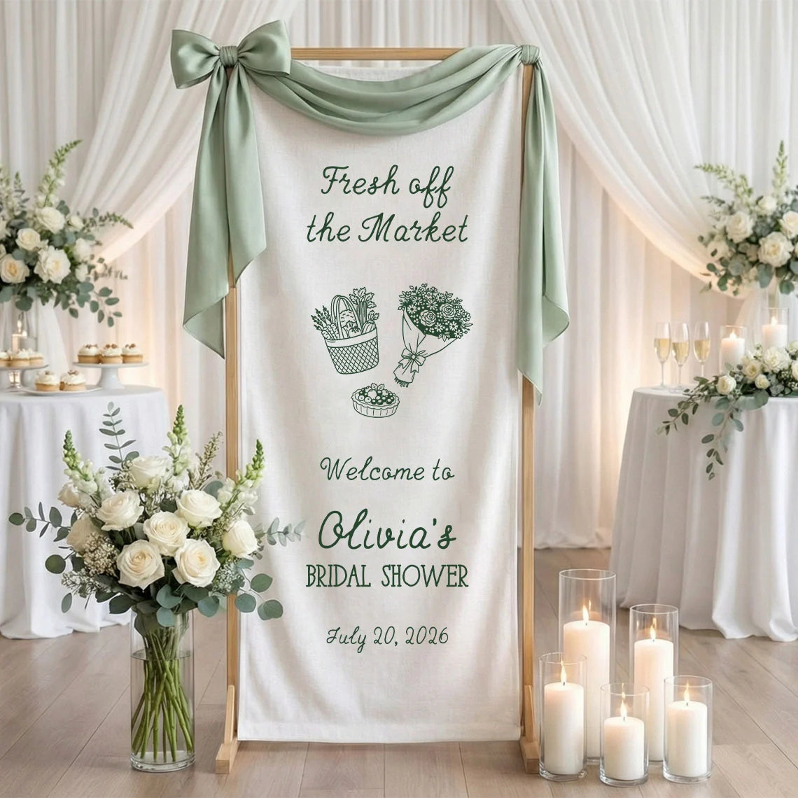 Farmers Market Bridal Shower Banner Stand Personalized Bridal Shower Welcome Sign Custom Name Linen Decor