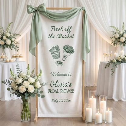 Farmers Market Bridal Shower Banner Stand Personalized Bridal Shower Welcome Sign Custom Name Linen Decor