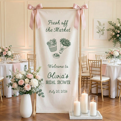 Farmers Market Bridal Shower Banner Stand Personalized Bridal Shower Welcome Sign Custom Name Linen Decor
