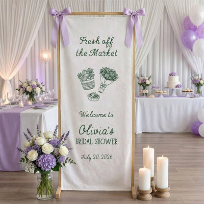 Farmers Market Bridal Shower Banner Stand Personalized Bridal Shower Welcome Sign Custom Name Linen Decor