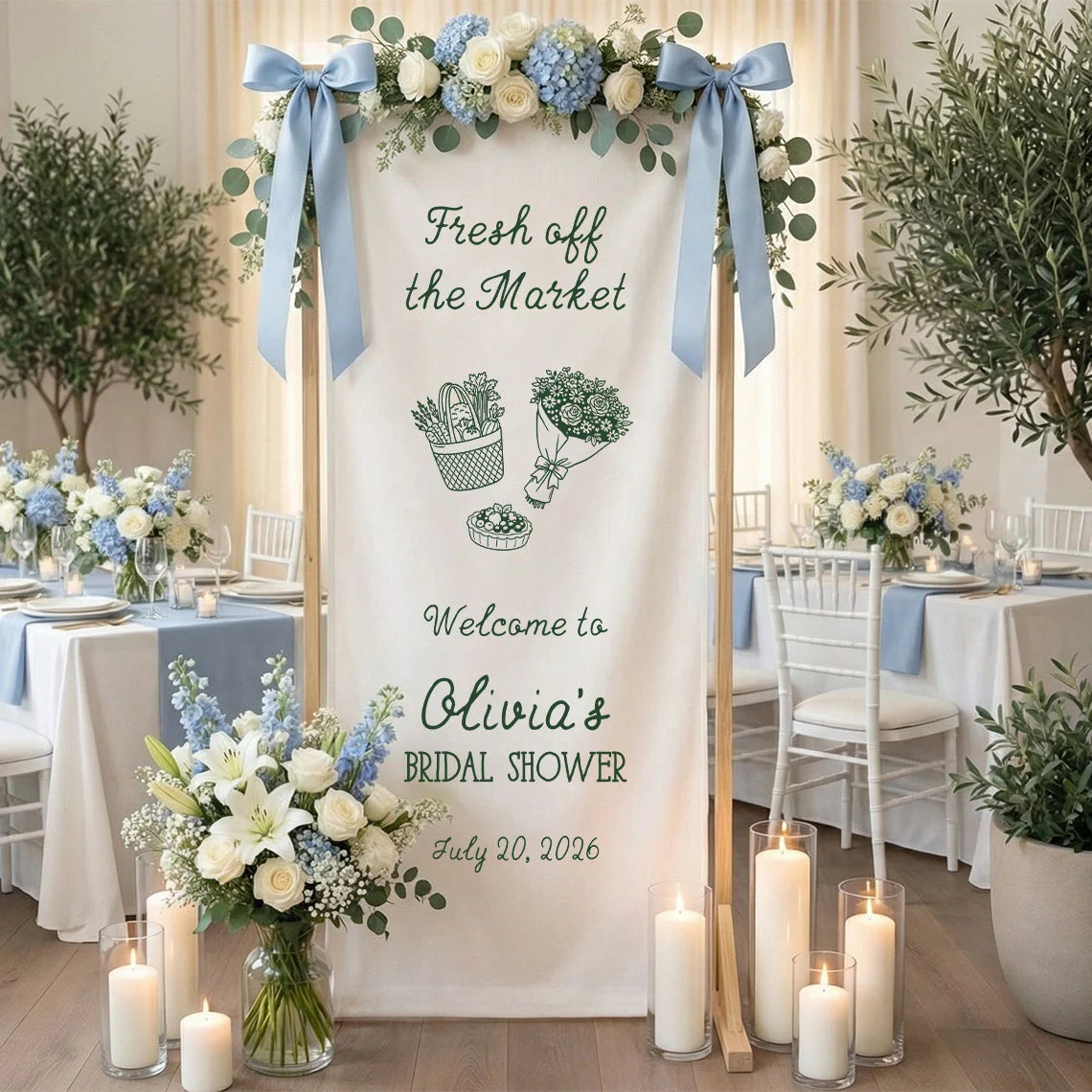 Farmers Market Bridal Shower Banner Stand Personalized Bridal Shower Welcome Sign Custom Name Linen Decor