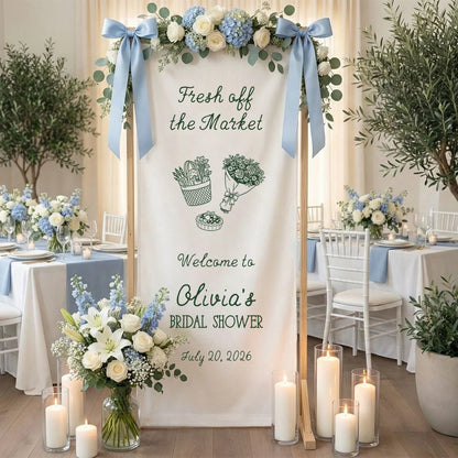 Farmers Market Bridal Shower Banner Stand Personalized Bridal Shower Welcome Sign Custom Name Linen Decor