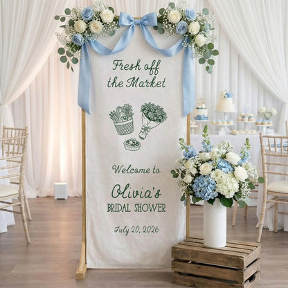 Farmers Market Bridal Shower Banner Stand Personalized Bridal Shower Welcome Sign Custom Name Linen Decor