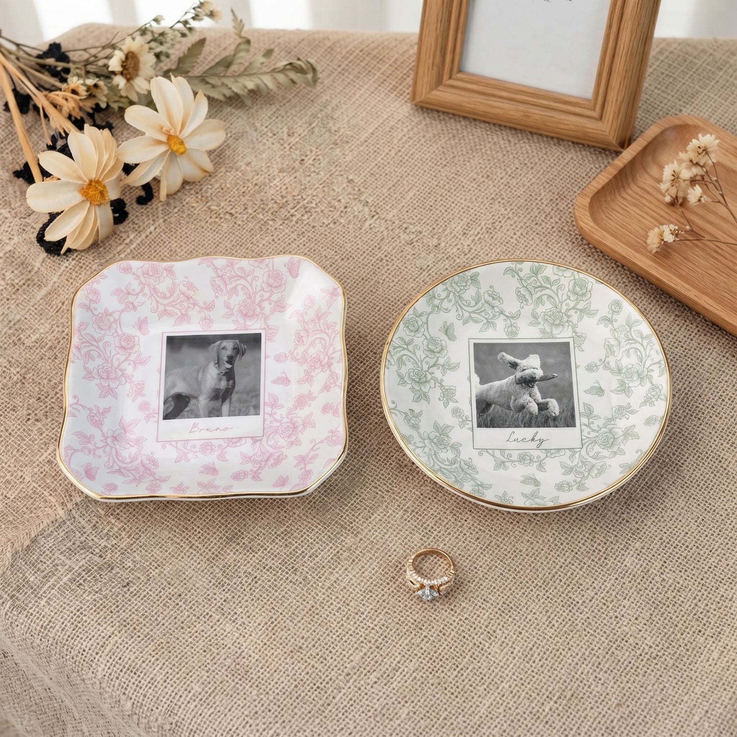 Custom Pet Portrait Jewelry Dish, Toile De Jouy Pet Ring Dish, Dog Cat Trinket Dish, Pet Lover Gift