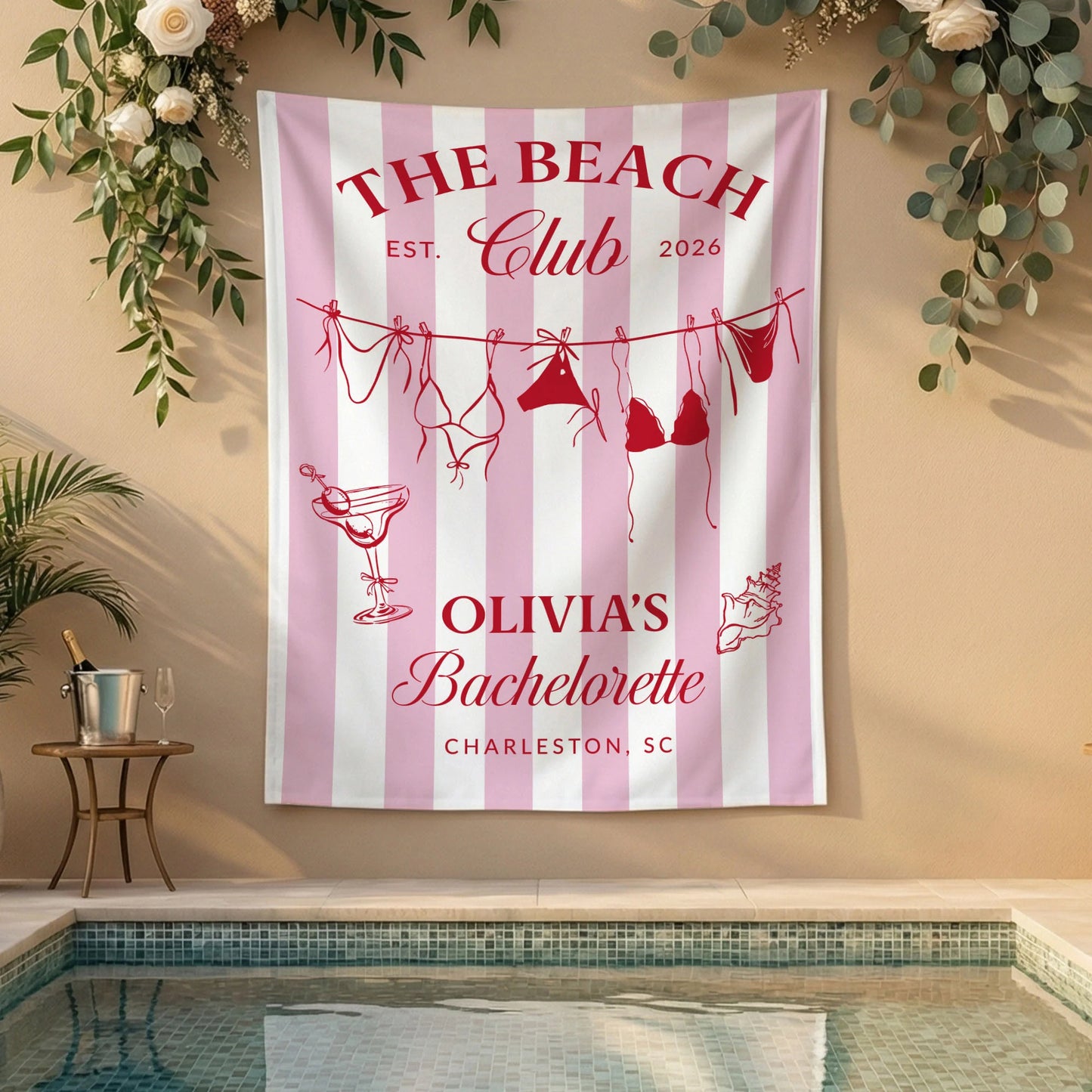 Beach Bachelorette Party Banner Personalized Beach Club Bachelorette Backdrop Custom Name Bridal Party Banner