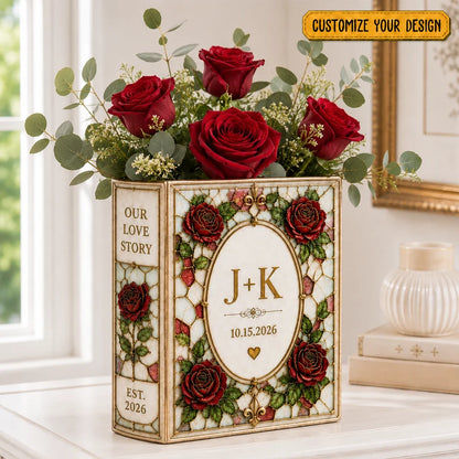 Personalized Stained Glass Rose Ceramic Book Vase With Name And Date - Custom wedding Gift, Annivesary Gift For Couple