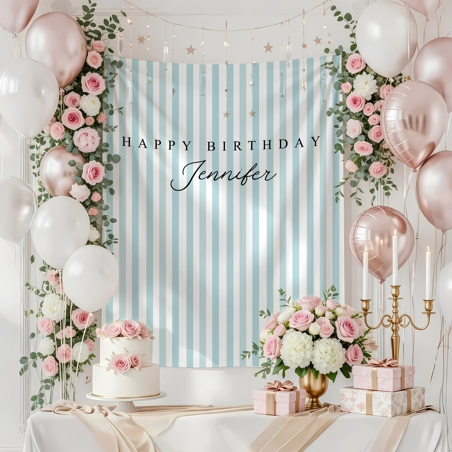 Green Striped Birthday Tapestry Personalized Happy Birthday Banner Custom Name Party Backdrop