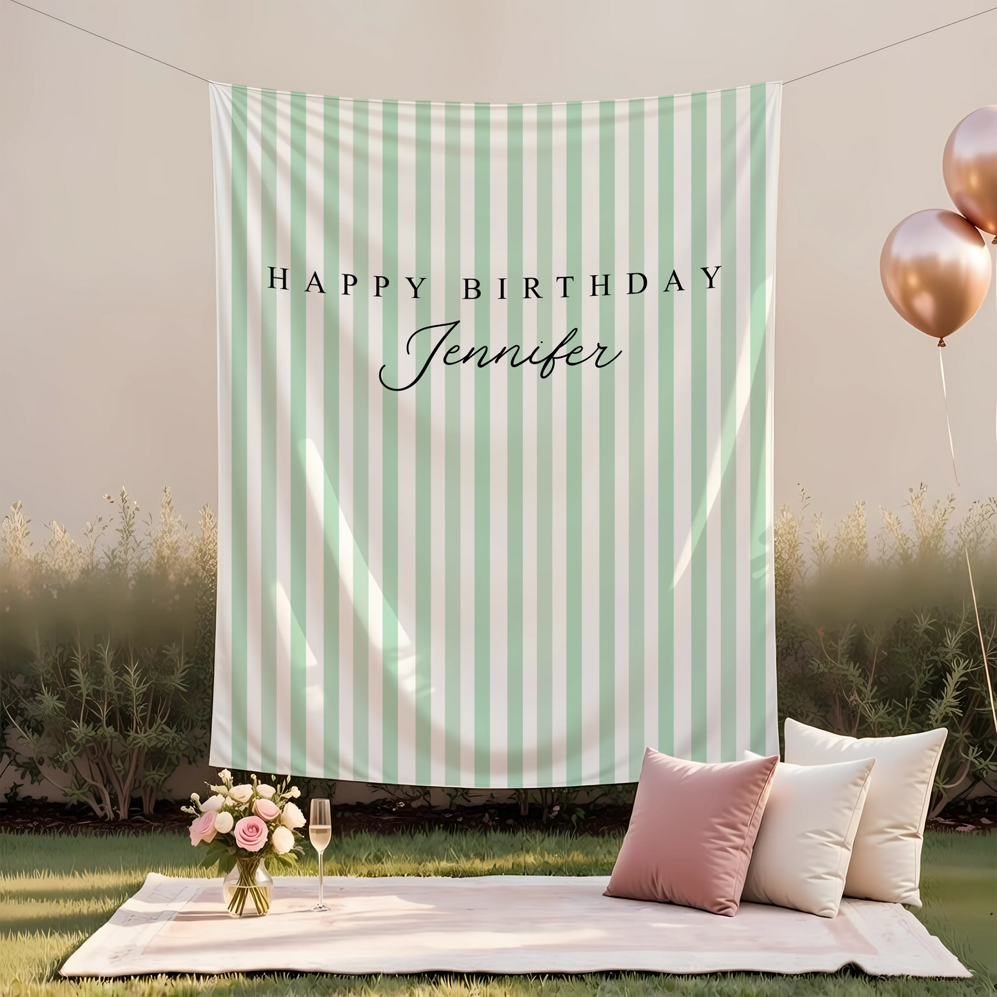Green Striped Birthday Tapestry Personalized Happy Birthday Banner Custom Name Party Backdrop