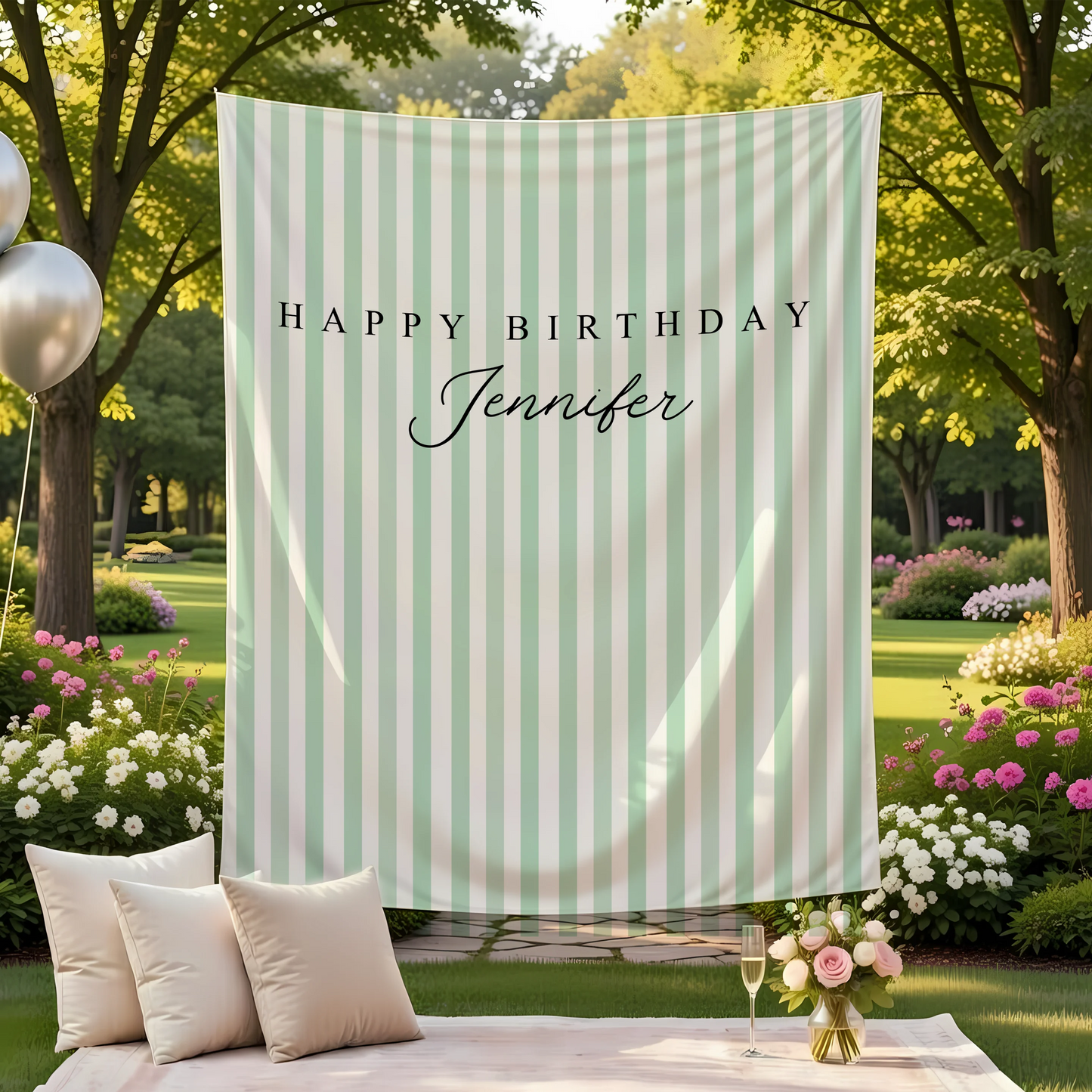Green Striped Birthday Tapestry Personalized Happy Birthday Banner Custom Name Party Backdrop