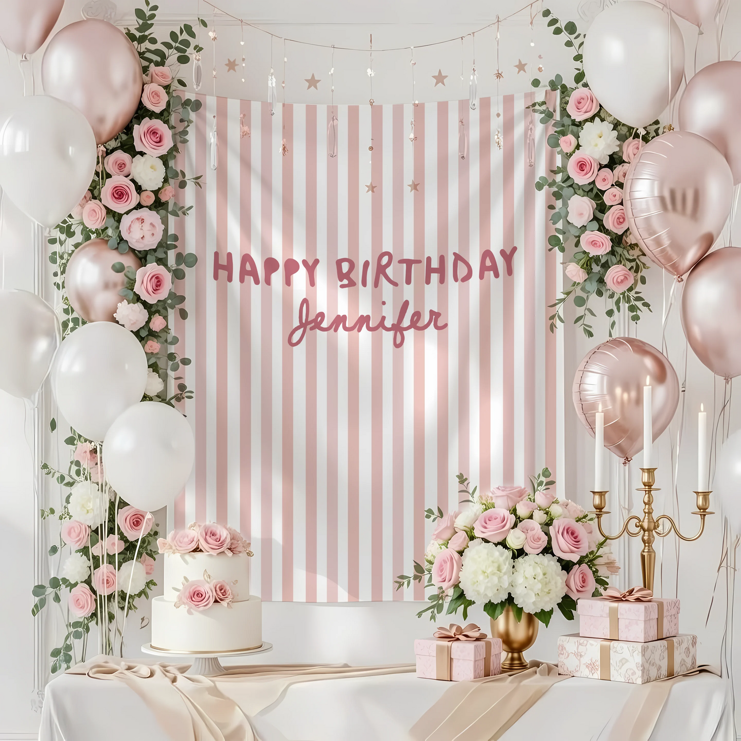 Pink Striped Birthday Tapestry Personalized Happy Birthday Banner Custom Name Party Backdrop