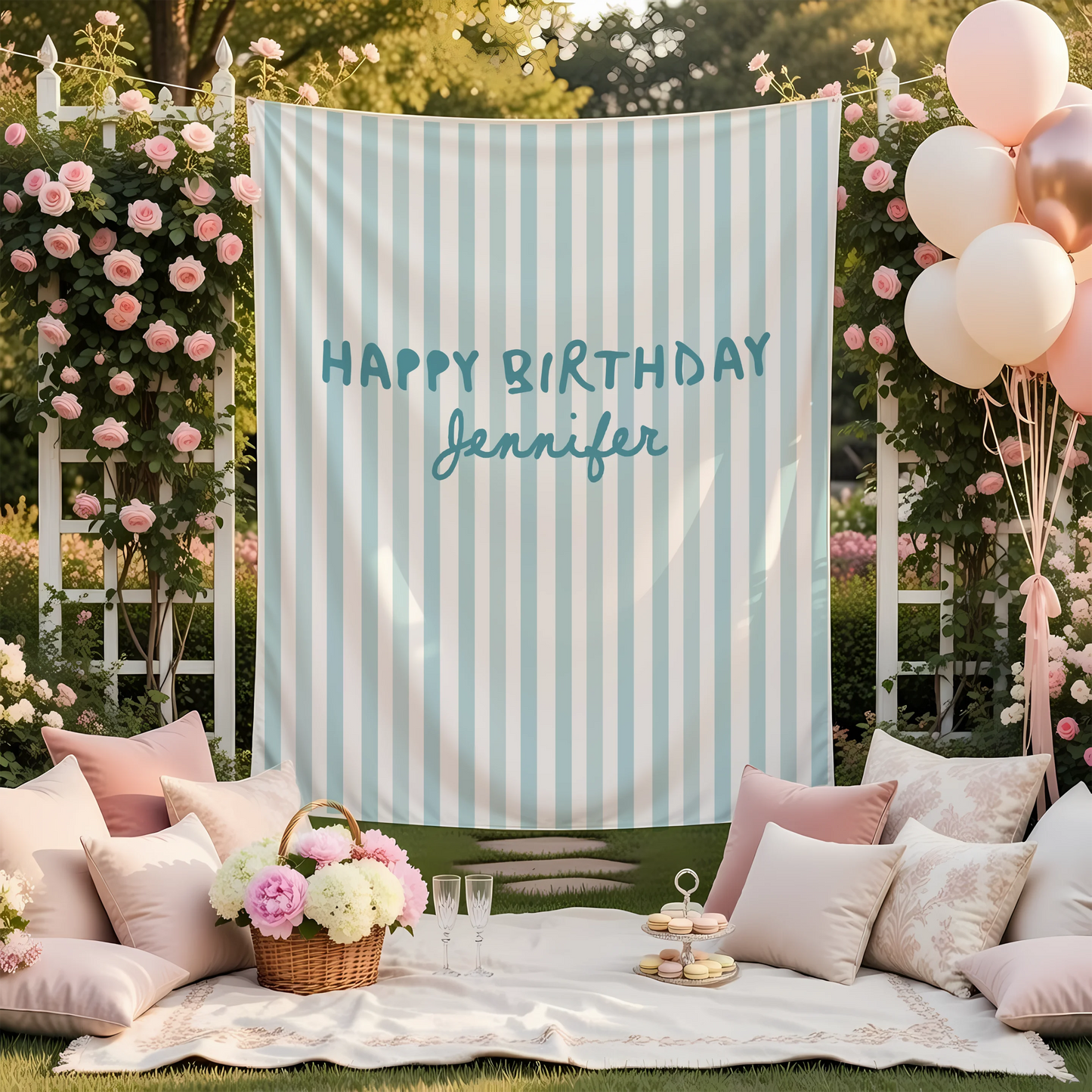 Pink Striped Birthday Tapestry Personalized Happy Birthday Banner Custom Name Party Backdrop