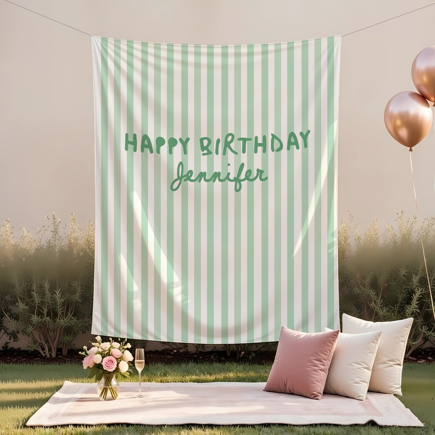 Pink Striped Birthday Tapestry Personalized Happy Birthday Banner Custom Name Party Backdrop