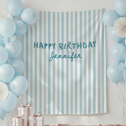 Pink Striped Birthday Tapestry Personalized Happy Birthday Banner Custom Name Party Backdrop