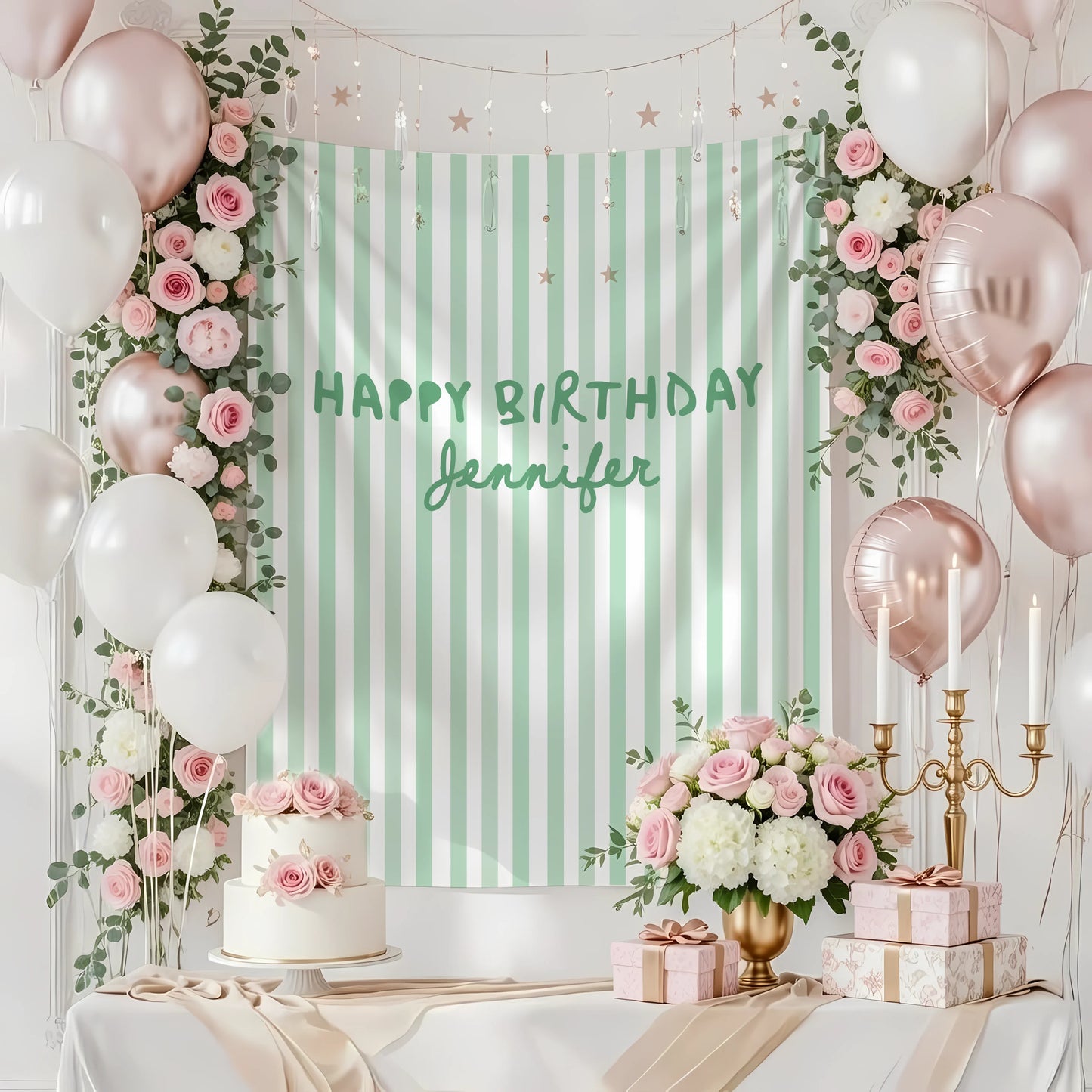 Pink Striped Birthday Tapestry Personalized Happy Birthday Banner Custom Name Party Backdrop