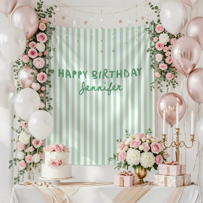 Pink Striped Birthday Tapestry Personalized Happy Birthday Banner Custom Name Party Backdrop