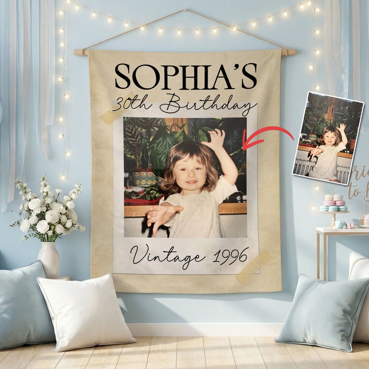 Vintage 1996 Birthday Tapestry Custom Photo 30th Birthday Banner Personalized Party Backdrop