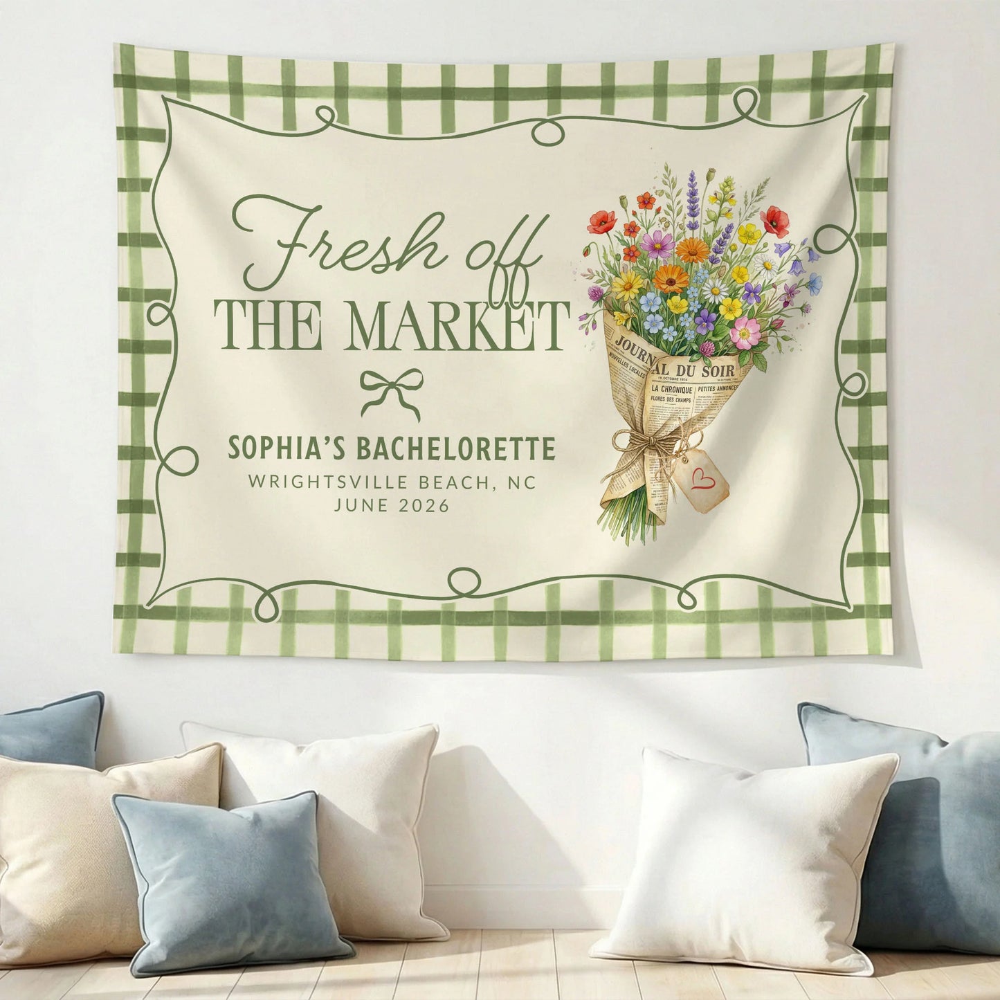 Fresh Off the Market Bachelorette Tapestry Personalized Bridal Bachelorette Party Backdrop