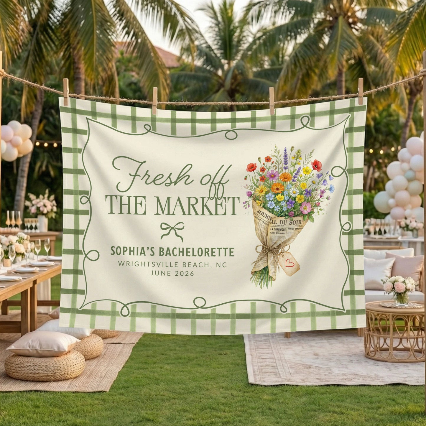 Fresh Off the Market Bachelorette Tapestry Personalized Bridal Bachelorette Party Backdrop