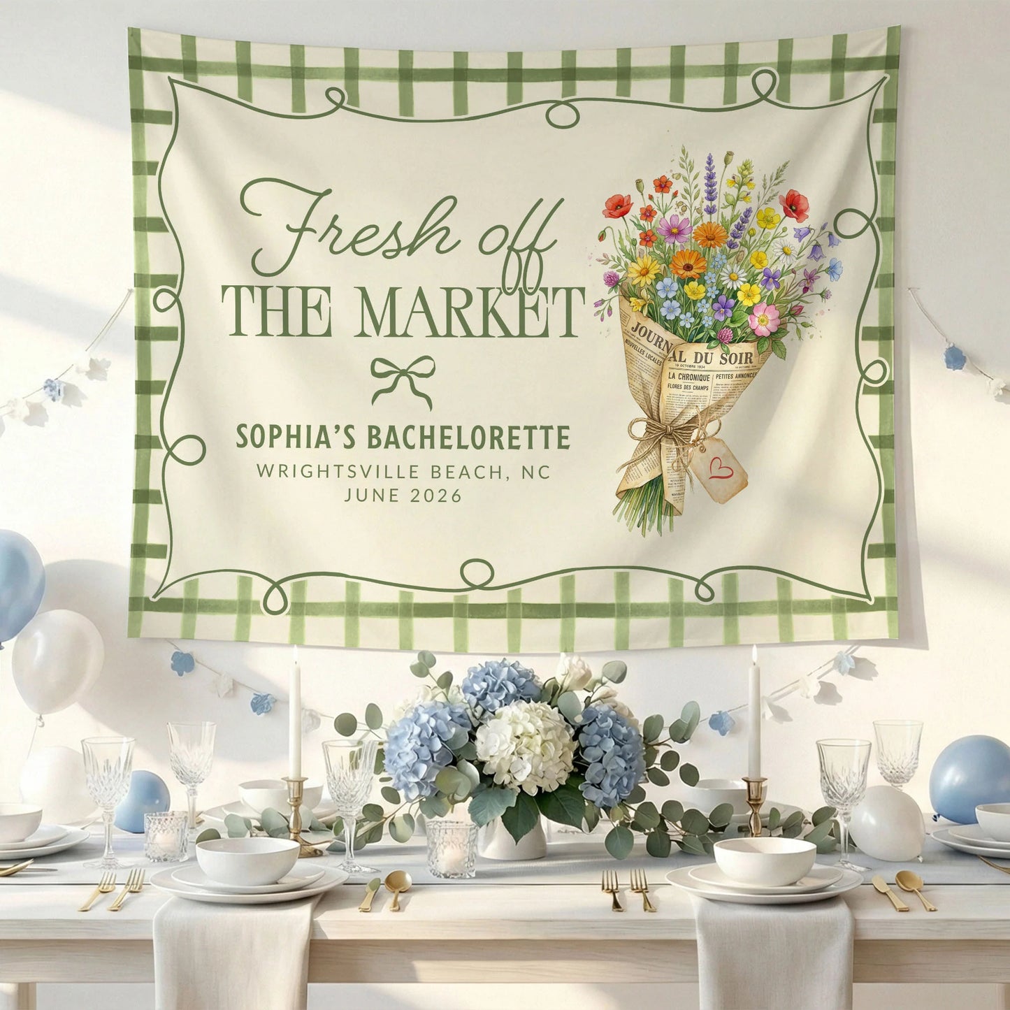 Fresh Off the Market Bachelorette Tapestry Personalized Bridal Bachelorette Party Backdrop