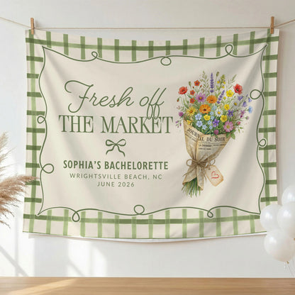Fresh Off the Market Bachelorette Tapestry Personalized Bridal Bachelorette Party Backdrop