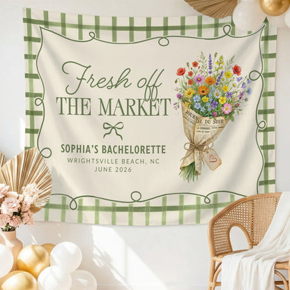Fresh Off the Market Bachelorette Tapestry Personalized Bridal Bachelorette Party Backdrop
