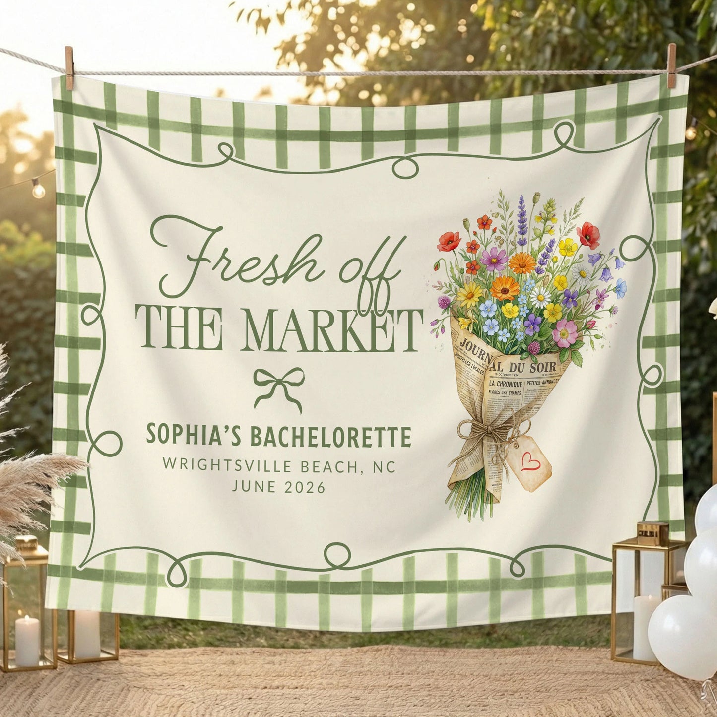 Fresh Off the Market Bachelorette Tapestry Personalized Bridal Bachelorette Party Backdrop