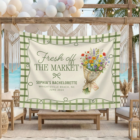 Fresh Off the Market Bachelorette Tapestry Personalized Bridal Bachelorette Party Backdrop