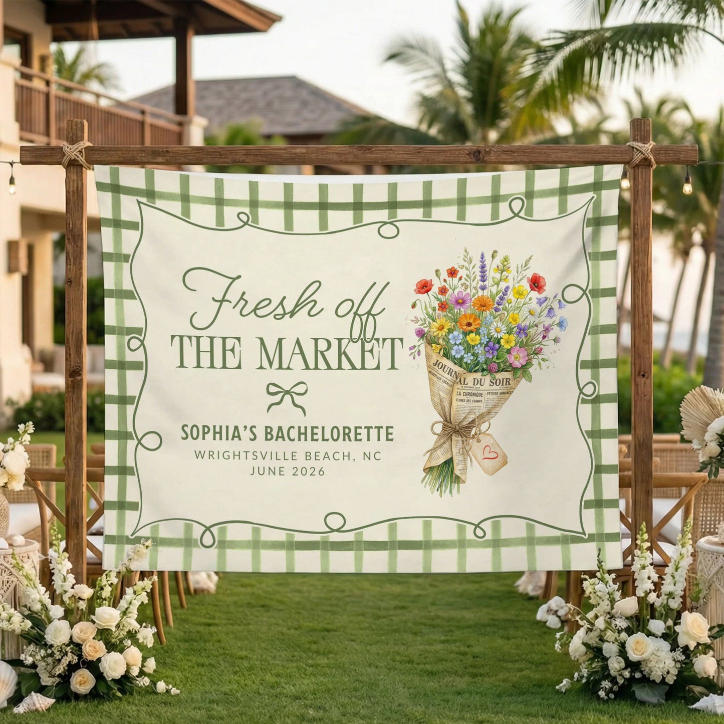 Fresh Off the Market Bachelorette Tapestry Personalized Bridal Bachelorette Party Backdrop