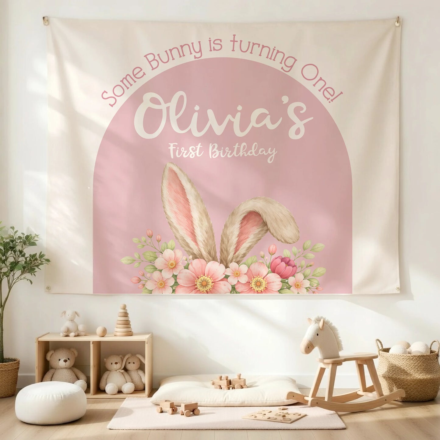Bunny First Birthday Tapestry Personalized Girl 1st Birthday Backdrop Bunny Birthday Party Banner