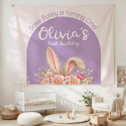 Bunny First Birthday Tapestry Personalized Girl 1st Birthday Backdrop Bunny Birthday Party Banner