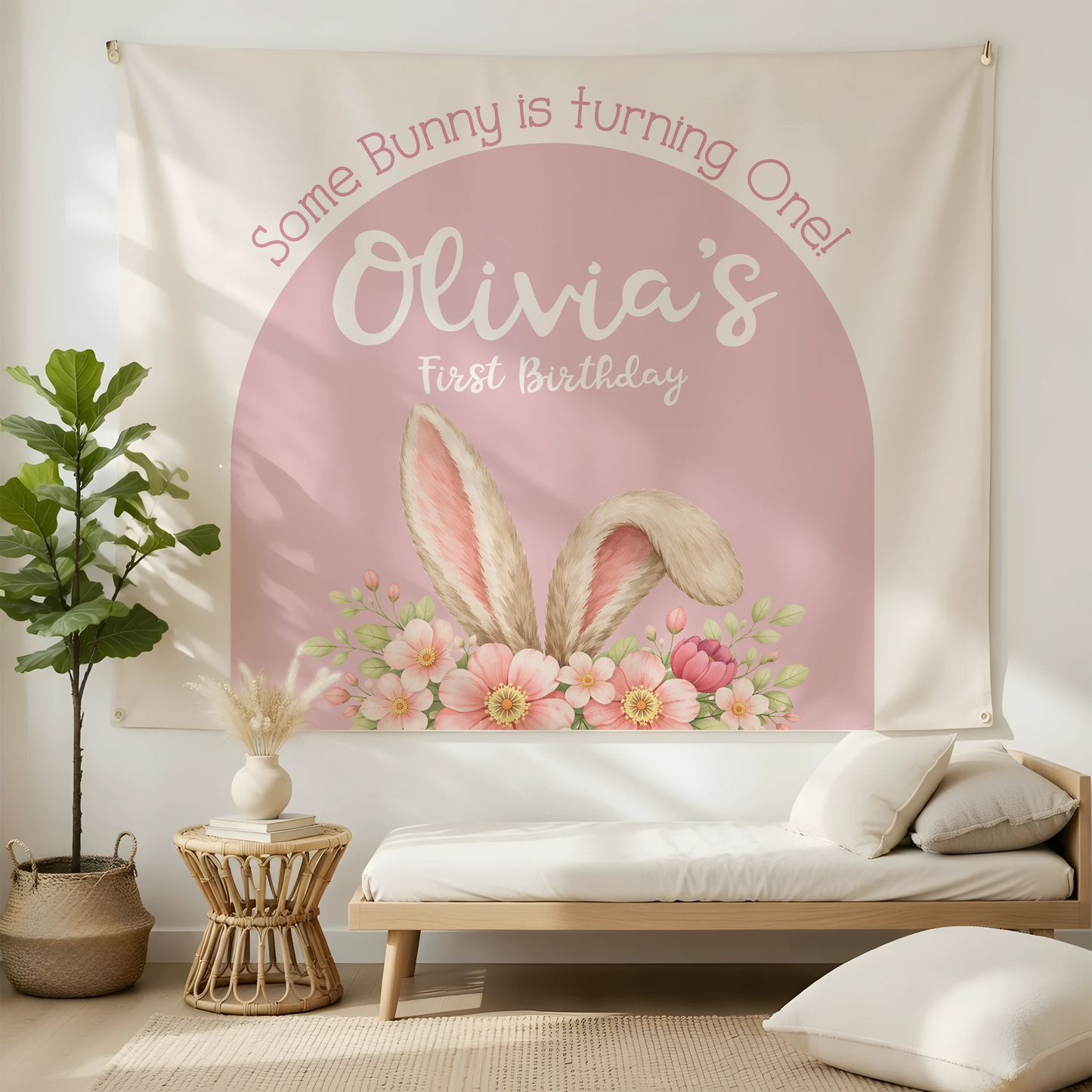 Bunny First Birthday Tapestry Personalized Girl 1st Birthday Backdrop Bunny Birthday Party Banner