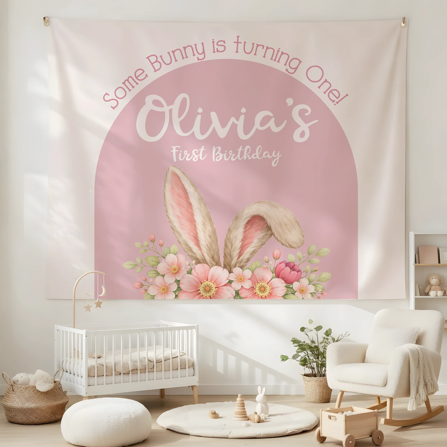 Bunny First Birthday Tapestry Personalized Girl 1st Birthday Backdrop Bunny Birthday Party Banner