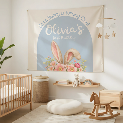 Bunny First Birthday Tapestry Personalized Girl 1st Birthday Backdrop Bunny Birthday Party Banner