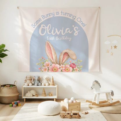 Bunny First Birthday Tapestry Personalized Girl 1st Birthday Backdrop Bunny Birthday Party Banner