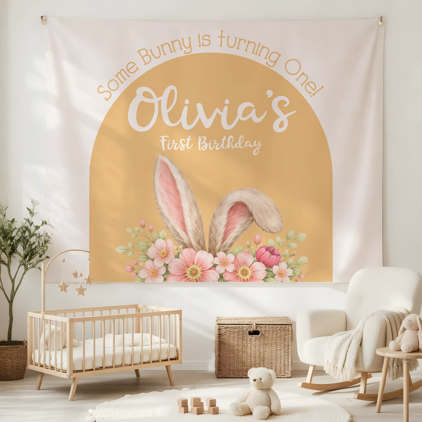 Bunny First Birthday Tapestry Personalized Girl 1st Birthday Backdrop Bunny Birthday Party Banner