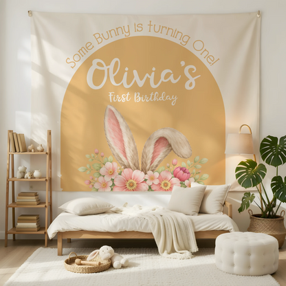 Bunny First Birthday Tapestry Personalized Girl 1st Birthday Backdrop Bunny Birthday Party Banner