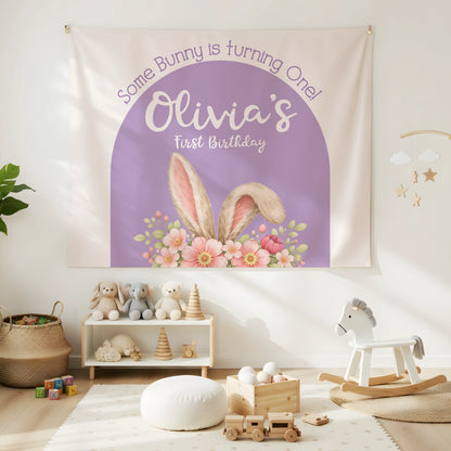 Bunny First Birthday Tapestry Personalized Girl 1st Birthday Backdrop Bunny Birthday Party Banner