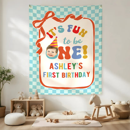 It's Fun to be One Birthday Tapestry Custom Photo First Birthday Banner Personalized Baby Party Backdrop