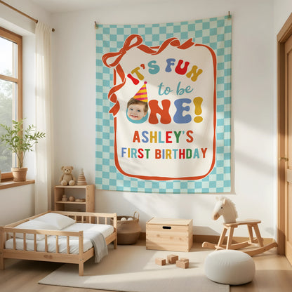 It's Fun to be One Birthday Tapestry Custom Photo First Birthday Banner Personalized Baby Party Backdrop