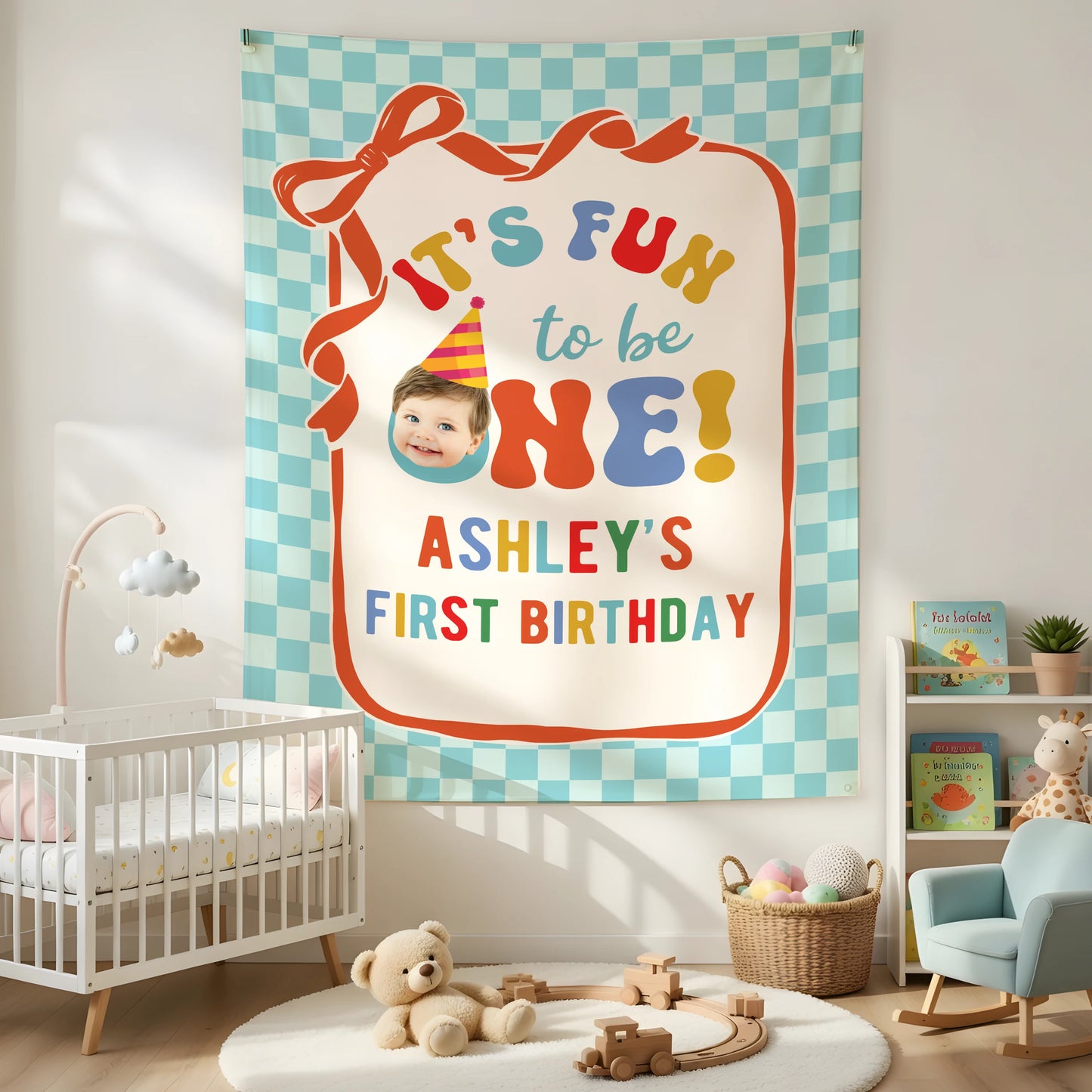 It's Fun to be One Birthday Tapestry Custom Photo First Birthday Banner Personalized Baby Party Backdrop