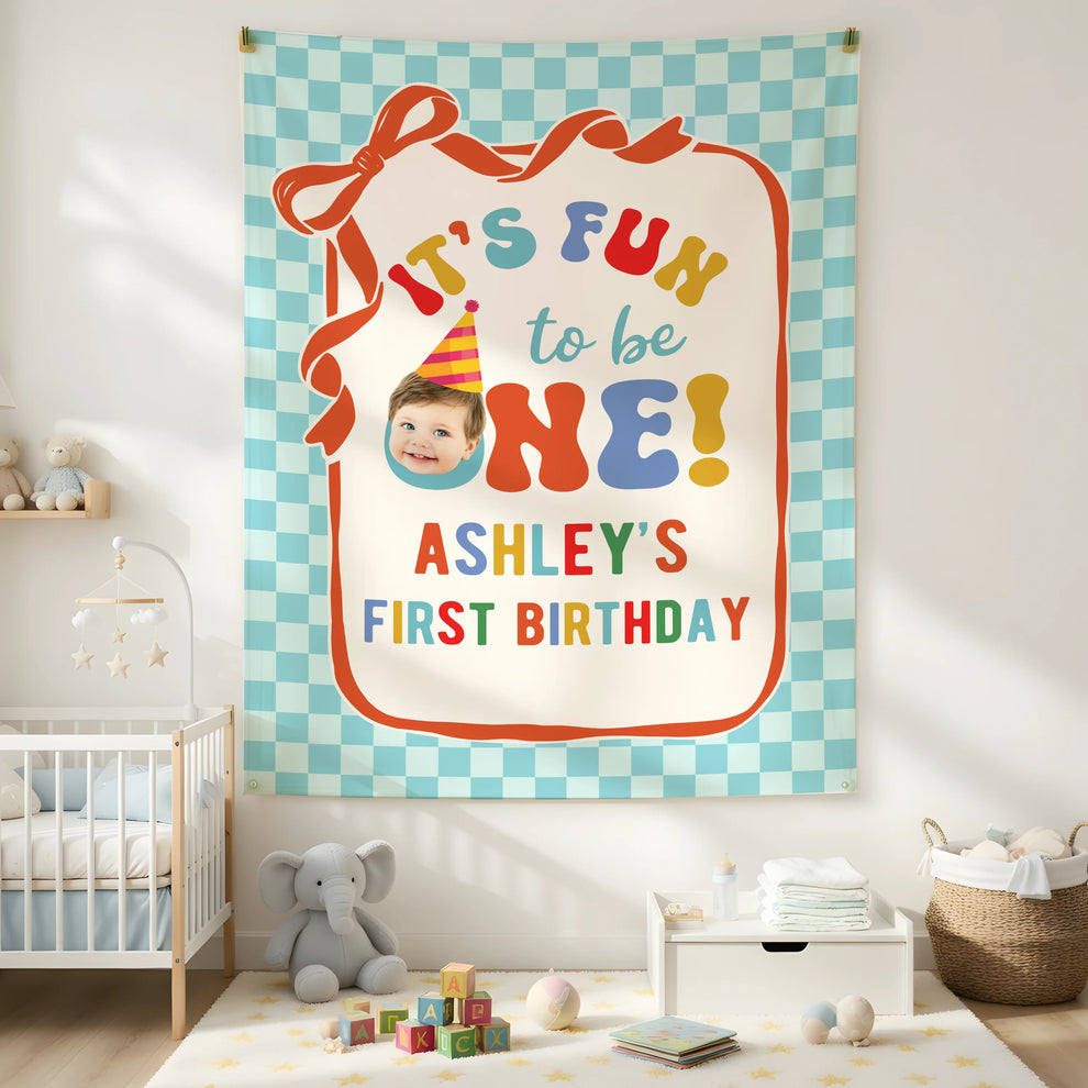 Personalized first birthday linen tapestry with custom photo and name from GonCustom