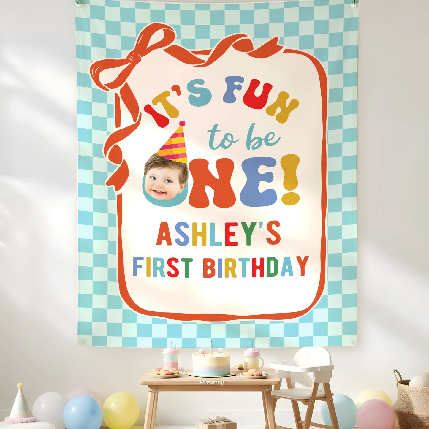 It's Fun to be One Birthday Tapestry Custom Photo First Birthday Banner Personalized Baby Party Backdrop