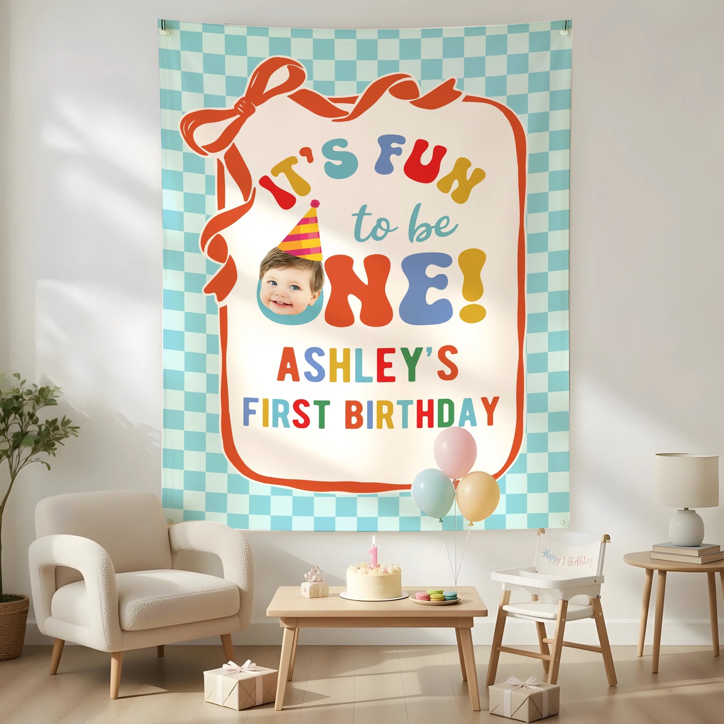 It's Fun to be One Birthday Tapestry Custom Photo First Birthday Banner Personalized Baby Party Backdrop