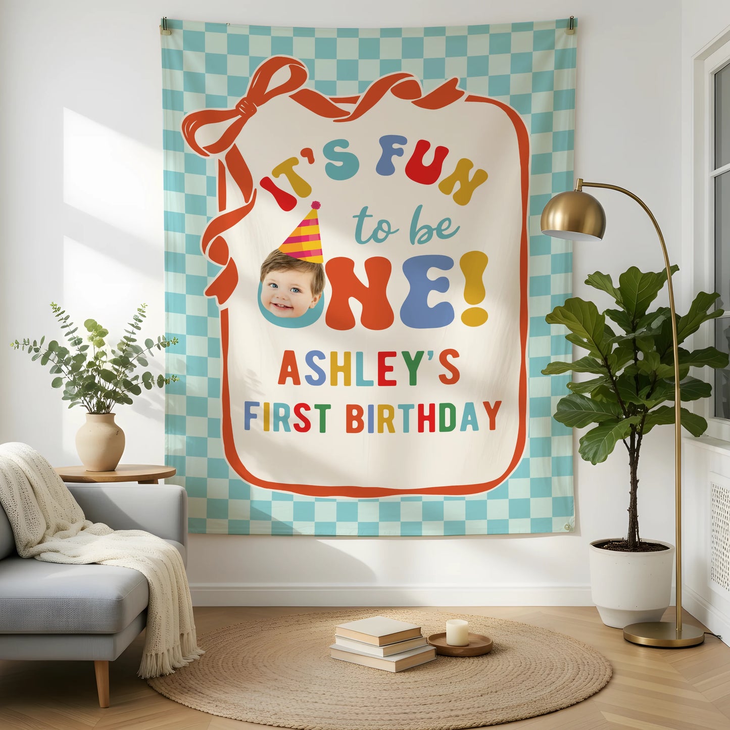 It's Fun to be One Birthday Tapestry Custom Photo First Birthday Banner Personalized Baby Party Backdrop