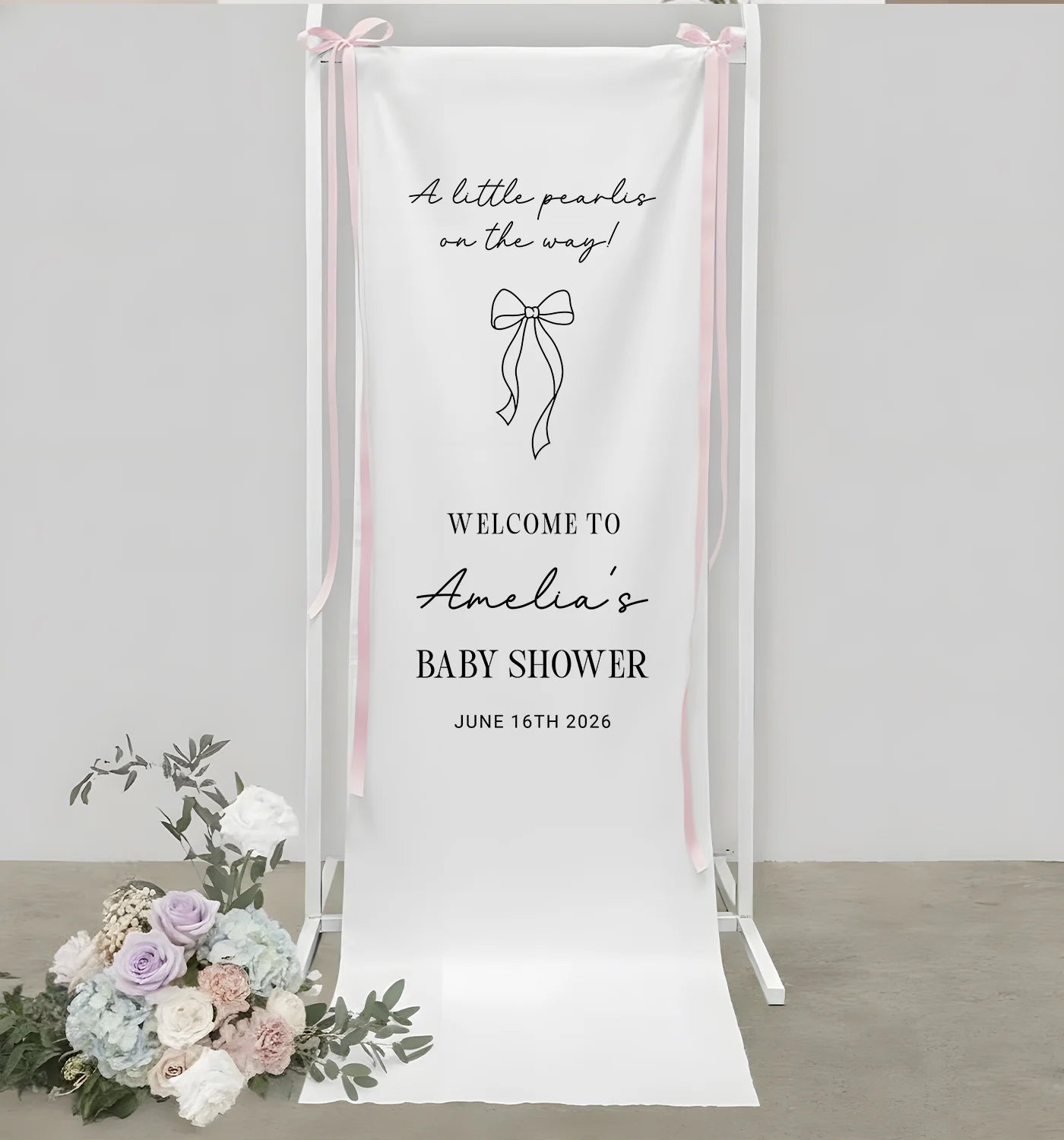 Baby Shower Banner Stand Personalized Baby Shower Welcome Sign A Little Pearls on the Way Custom Name Linen Decor