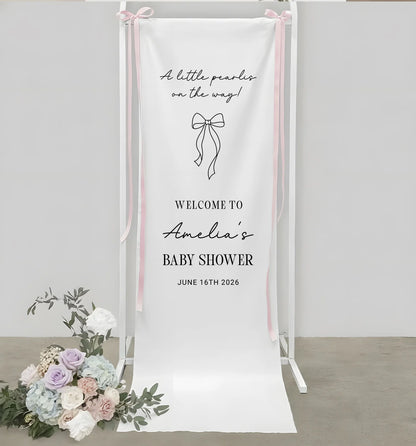 Baby Shower Banner Stand Personalized Baby Shower Welcome Sign A Little Pearls on the Way Custom Name Linen Decor