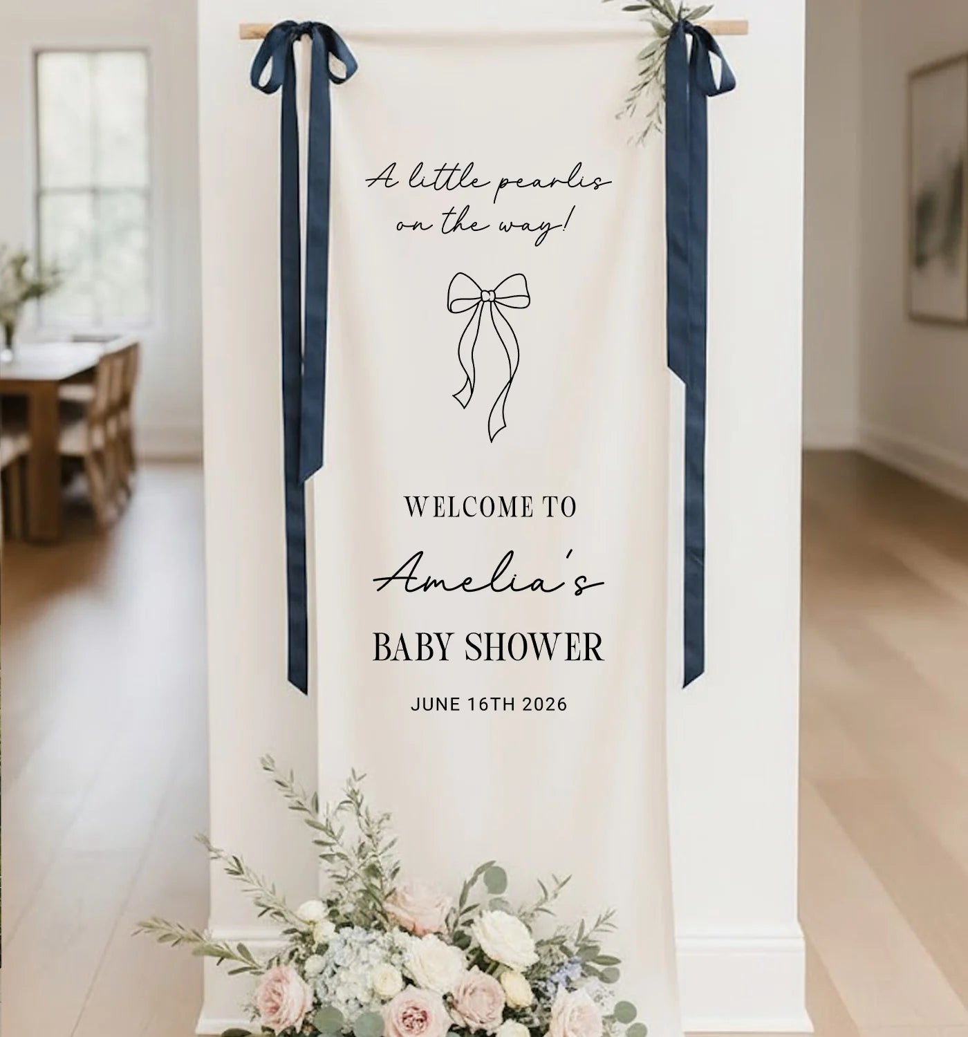 Baby Shower Banner Stand Personalized Baby Shower Welcome Sign A Little Pearls on the Way Custom Name Linen Decor
