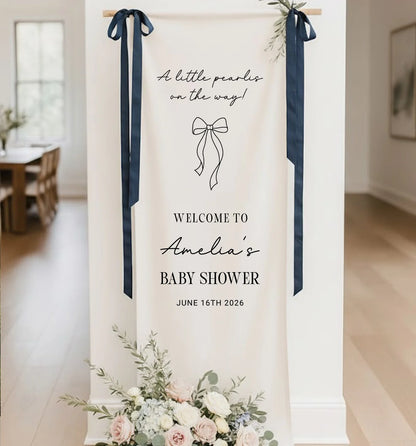 Baby Shower Banner Stand Personalized Baby Shower Welcome Sign A Little Pearls on the Way Custom Name Linen Decor