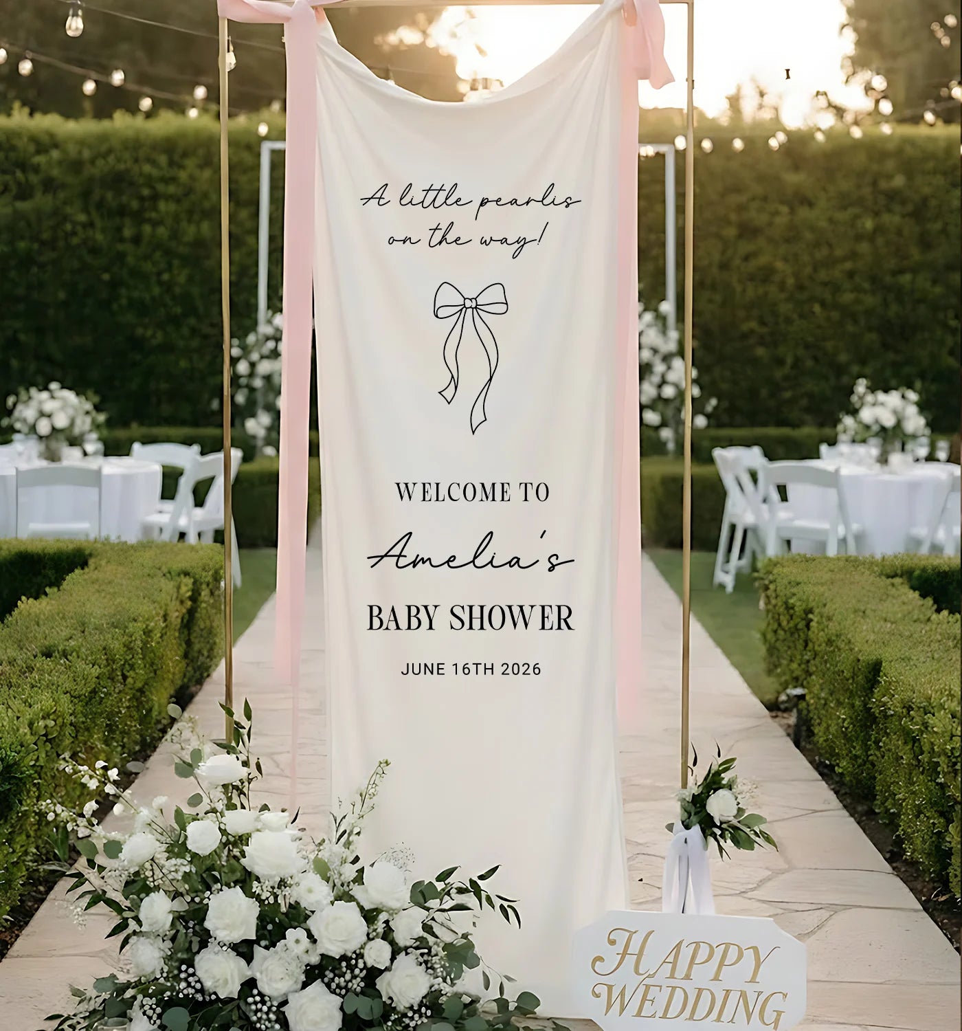Baby Shower Banner Stand Personalized Baby Shower Welcome Sign A Little Pearls on the Way Custom Name Linen Decor