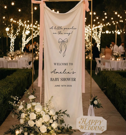 Baby Shower Banner Stand Personalized Baby Shower Welcome Sign A Little Pearls on the Way Custom Name Linen Decor
